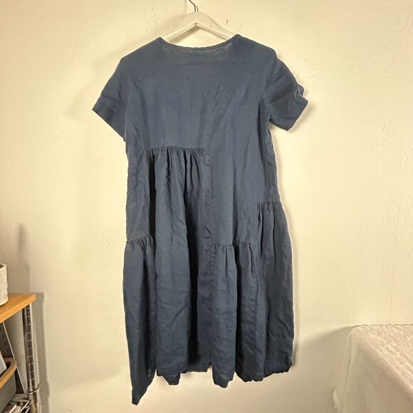 Visible Art Womens Blue Linen Short Sleeve Tiered Dress Large Pullover Casual - Picture 2 of 11